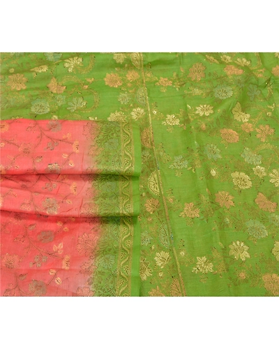 Sanskriti Vintage Peach Sarees 100% Pure Silk Woven Premium Sari Craft Fabric, PS-59765-Peach &amp; Green-Woven Work-100% Pure Silk-8