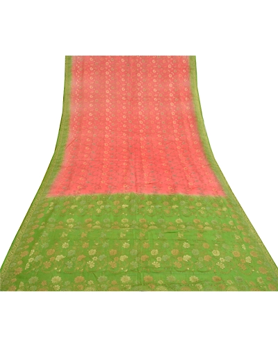 Sanskriti Vintage Peach Sarees 100% Pure Silk Woven Premium Sari Craft Fabric, PS-59765-Peach &amp; Green-Woven Work-100% Pure Silk-9