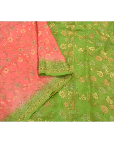 Sanskriti Vintage Peach Sarees 100% Pure Silk Woven Premium Sari Craft Fabric, PS-59765-Peach &amp; Green-Woven Work-100% Pure Silk-10