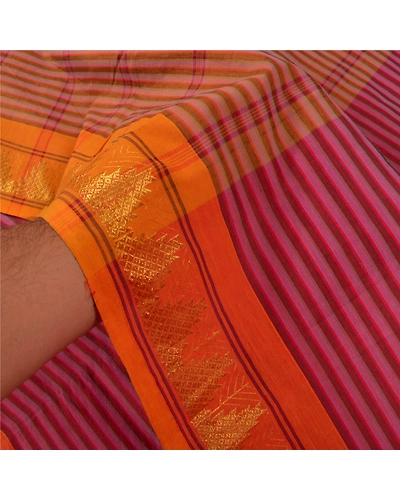 Sanskriti Vintage Pink Indian Sarees Blend Cotton Woven Premium Sari Fabric, PS-59766-Pink &amp; Saffron-Woven Work-Blend Cotton-4