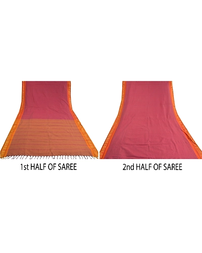Sanskriti Vintage Pink Indian Sarees Blend Cotton Woven Premium Sari Fabric, PS-59766-Pink &amp; Saffron-Woven Work-Blend Cotton-5