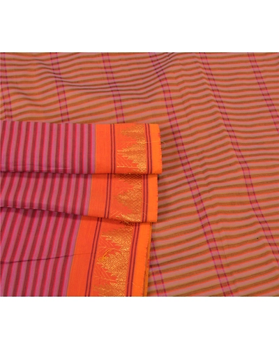 Sanskriti Vintage Pink Indian Sarees Blend Cotton Woven Premium Sari Fabric, PS-59766-Pink &amp; Saffron-Woven Work-Blend Cotton-7