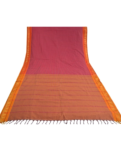 Sanskriti Vintage Pink Indian Sarees Blend Cotton Woven Premium Sari Fabric, PS-59766-Pink &amp; Saffron-Woven Work-Blend Cotton-8