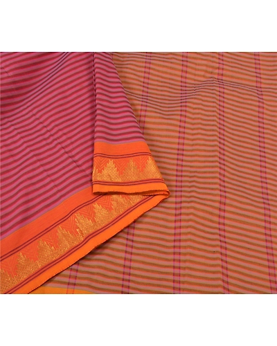 Sanskriti Vintage Pink Indian Sarees Blend Cotton Woven Premium Sari Fabric, PS-59766-Pink &amp; Saffron-Woven Work-Blend Cotton-9