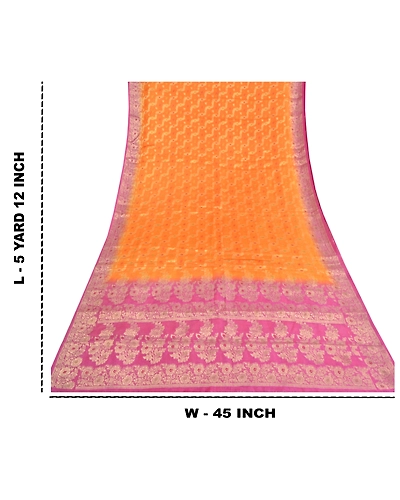 Sanskriti Vintage Orange Indian Sarees 100% Pure Silk Woven Sari Craft Fabric, PS-59785-Orange &amp; Pink-Woven Work-100% Pure Silk-1