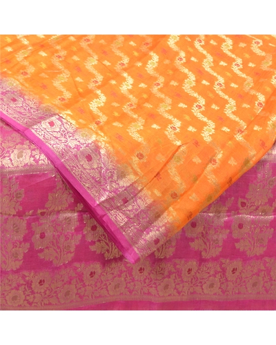 Sanskriti Vintage Orange Indian Sarees 100% Pure Silk Woven Sari Craft Fabric, PS-59785-Orange &amp; Pink-Woven Work-100% Pure Silk-2