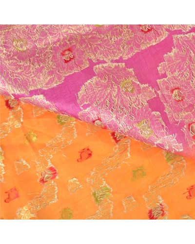 Sanskriti Vintage Orange Indian Sarees 100% Pure Silk Woven Sari Craft Fabric, PS-59785-Orange &amp; Pink-Woven Work-100% Pure Silk-3