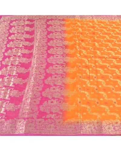 Sanskriti Vintage Orange Indian Sarees 100% Pure Silk Woven Sari Craft Fabric, PS-59785-Orange &amp; Pink-Woven Work-100% Pure Silk-4