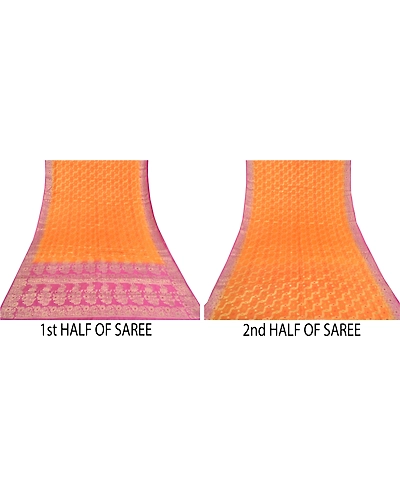 Sanskriti Vintage Orange Indian Sarees 100% Pure Silk Woven Sari Craft Fabric, PS-59785-Orange &amp; Pink-Woven Work-100% Pure Silk-6