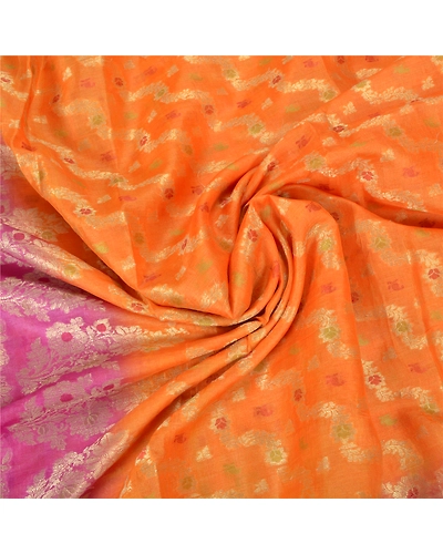 Sanskriti Vintage Orange Indian Sarees 100% Pure Silk Woven Sari Craft Fabric, PS-59785-Orange &amp; Pink-Woven Work-100% Pure Silk-7