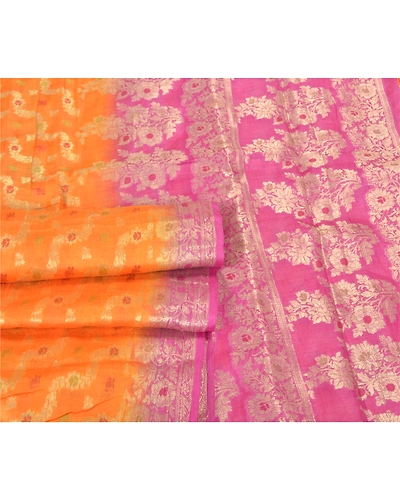 Sanskriti Vintage Orange Indian Sarees 100% Pure Silk Woven Sari Craft Fabric, PS-59785-Orange &amp; Pink-Woven Work-100% Pure Silk-8