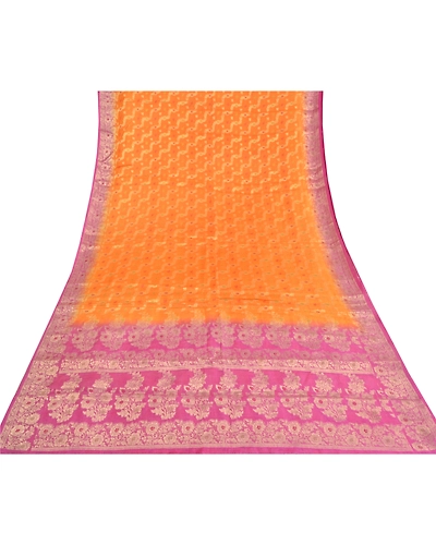 Sanskriti Vintage Orange Indian Sarees 100% Pure Silk Woven Sari Craft Fabric, PS-59785-Orange &amp; Pink-Woven Work-100% Pure Silk-9