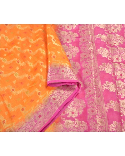 Sanskriti Vintage Orange Indian Sarees 100% Pure Silk Woven Sari Craft Fabric, PS-59785-Orange &amp; Pink-Woven Work-100% Pure Silk-10