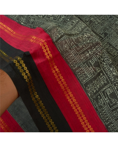 Sanskriti Vintage Black Sarees Pure Cotton Hand Block Print Premium Sari Fabric, PS-59815-Black-Hand-Block Printed Work-100% Pure Cotton-4