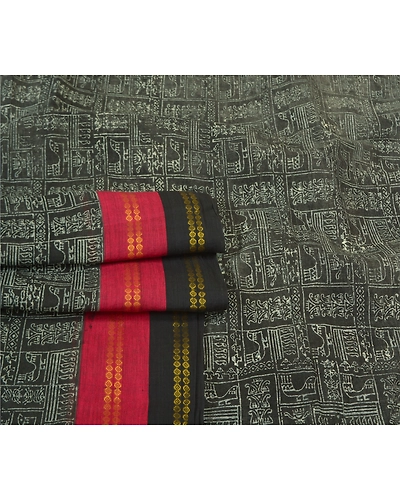 Sanskriti Vintage Black Sarees Pure Cotton Hand Block Print Premium Sari Fabric, PS-59815-Black-Hand-Block Printed Work-100% Pure Cotton-7