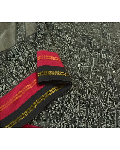 Sanskriti Vintage Black Sarees Pure Cotton Hand Block Print Premium Sari Fabric, PS-59815-Black-Hand-Block Printed Work-100% Pure Cotton-9