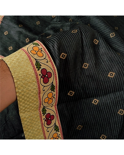 Sanskriti Vintage Black Sarees 100% Pure Silk Embroidered Sari Craft Fabric, PS-59823-Black-Patch Work-100% Pure Silk-4