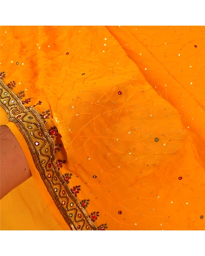Sanskriti Vintage Saffron Sarees Georgette Hand Beaded Premium Sari Craft Fabric, PS-59865-Saffron-Sequins Work-Georgette-4