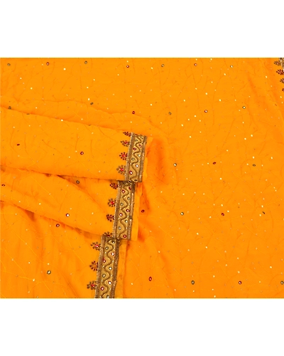 Sanskriti Vintage Saffron Sarees Georgette Hand Beaded Premium Sari Craft Fabric, PS-59865-Saffron-Sequins Work-Georgette-7