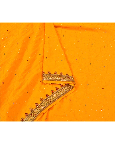 Sanskriti Vintage Saffron Sarees Georgette Hand Beaded Premium Sari Craft Fabric, PS-59865-Saffron-Sequins Work-Georgette-9