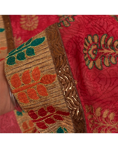 Sanskriti Vintage Sarees Georgette Hand Embroidered Premium Sari Fabric, PS-59922-Dark Red-Lace Work-Georgette-4