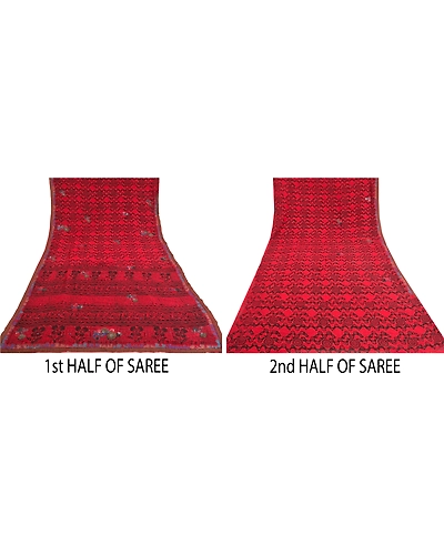 Sanskriti Vintage Bollywood Sarees Pure Georgette Silk Hand Beaded Sari Fabric, PS-59951-Dark Red &amp; Black-Printed Work-Pure Georgette Silk-5