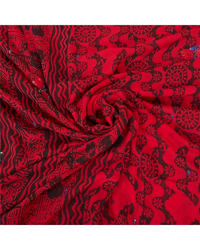 Sanskriti Vintage Bollywood Sarees Pure Georgette Silk Hand Beaded Sari Fabric, PS-59951-Dark Red &amp; Black-Printed Work-Pure Georgette Silk-6