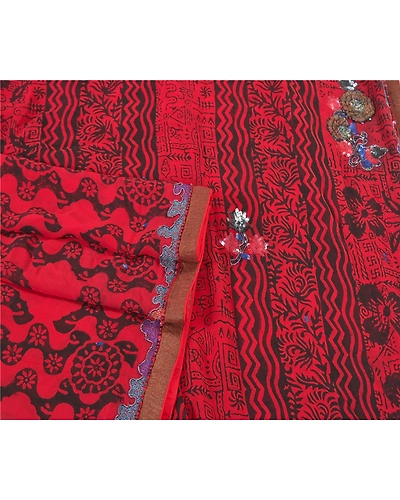 Sanskriti Vintage Bollywood Sarees Pure Georgette Silk Hand Beaded Sari Fabric, PS-59951-Dark Red &amp; Black-Printed Work-Pure Georgette Silk-7