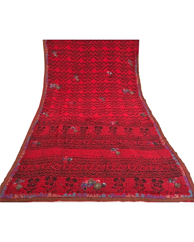 Sanskriti Vintage Bollywood Sarees Pure Georgette Silk Hand Beaded Sari Fabric, PS-59951-Dark Red &amp; Black-Printed Work-Pure Georgette Silk-8