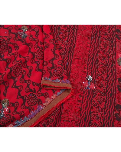 Sanskriti Vintage Bollywood Sarees Pure Georgette Silk Hand Beaded Sari Fabric, PS-59951-Dark Red &amp; Black-Printed Work-Pure Georgette Silk-9