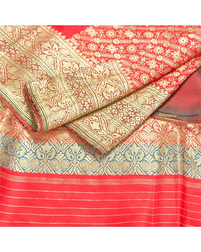 Sanskriti Vintage Red Indian Sarees Art Silk Woven Sari Craft 5 Yard Fabric, PS-59957-Red-Woven Work-Art Silk-2