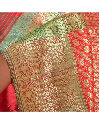 Sanskriti Vintage Red Indian Sarees Art Silk Woven Sari Craft 5 Yard Fabric, PS-59957-Red-Woven Work-Art Silk-5