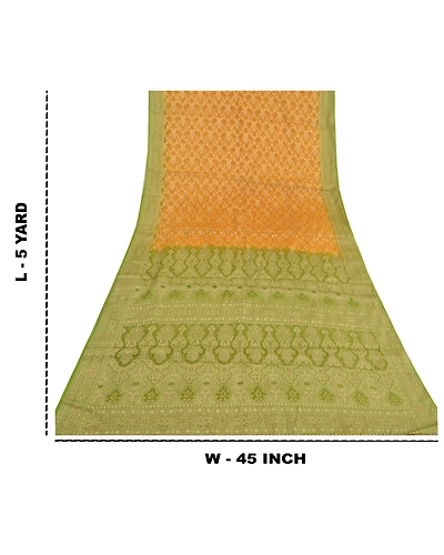 Sanskriti Vintage Green Sarees 100% Pure Silk Woven Premium Sari Craft Fabric, PS-59978-Saffron &amp; Green-Woven Work-100% Pure Silk-1