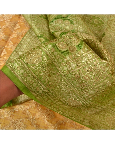 Sanskriti Vintage Green Sarees 100% Pure Silk Woven Premium Sari Craft Fabric, PS-59978-Saffron &amp; Green-Woven Work-100% Pure Silk-4