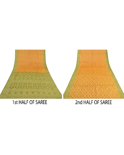Sanskriti Vintage Green Sarees 100% Pure Silk Woven Premium Sari Craft Fabric, PS-59978-Saffron &amp; Green-Woven Work-100% Pure Silk-5