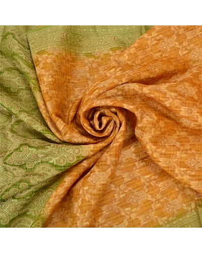 Sanskriti Vintage Green Sarees 100% Pure Silk Woven Premium Sari Craft Fabric, PS-59978-Saffron &amp; Green-Woven Work-100% Pure Silk-6