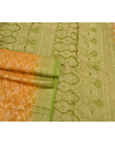 Sanskriti Vintage Green Sarees 100% Pure Silk Woven Premium Sari Craft Fabric, PS-59978-Saffron &amp; Green-Woven Work-100% Pure Silk-7