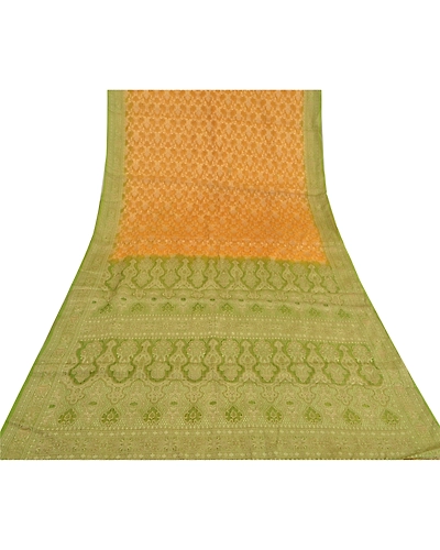 Sanskriti Vintage Green Sarees 100% Pure Silk Woven Premium Sari Craft Fabric, PS-59978-Saffron &amp; Green-Woven Work-100% Pure Silk-8