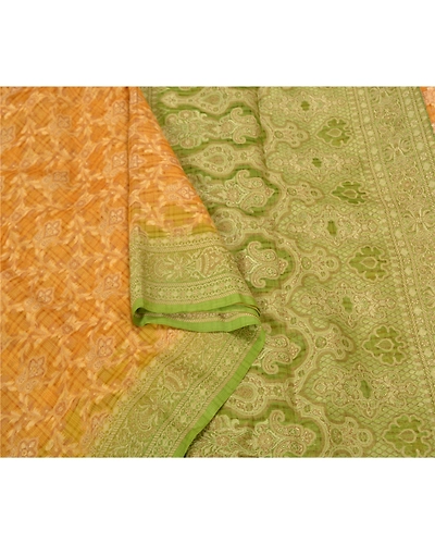 Sanskriti Vintage Green Sarees 100% Pure Silk Woven Premium Sari Craft Fabric, PS-59978-Saffron &amp; Green-Woven Work-100% Pure Silk-9