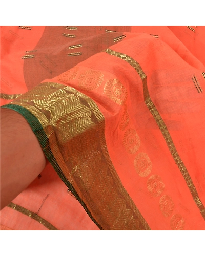 Sanskriti Vintage Peach Sarees 100% Pure Cotton Woven Sari Craft 5 Yard Fabric, PS-59989-Peach-Woven Work-100% Pure Cotton-4