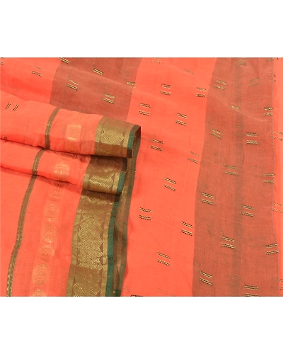 Sanskriti Vintage Peach Sarees 100% Pure Cotton Woven Sari Craft 5 Yard Fabric, PS-59989-Peach-Woven Work-100% Pure Cotton-7