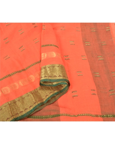 Sanskriti Vintage Peach Sarees 100% Pure Cotton Woven Sari Craft 5 Yard Fabric, PS-59989-Peach-Woven Work-100% Pure Cotton-9