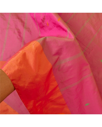 Sanskriti Vintage Pink Sarees Art Silk Hand Beaded Premium Sari Craft Fabric, PS-60060-Pink &amp; Saffron-Woven Work-Art ( Artificial ) Silk-4