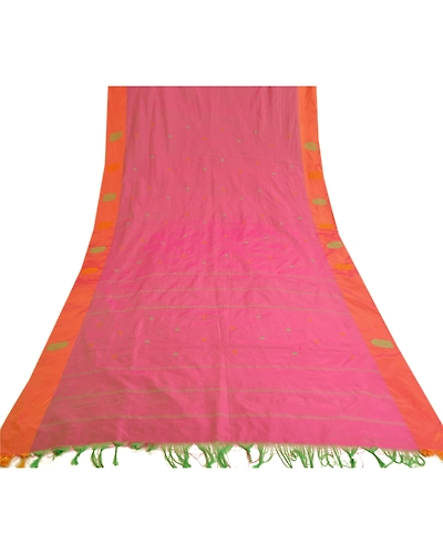Sanskriti Vintage Pink Sarees Art Silk Hand Beaded Premium Sari Craft Fabric, PS-60060-Pink &amp; Saffron-Woven Work-Art ( Artificial ) Silk-8
