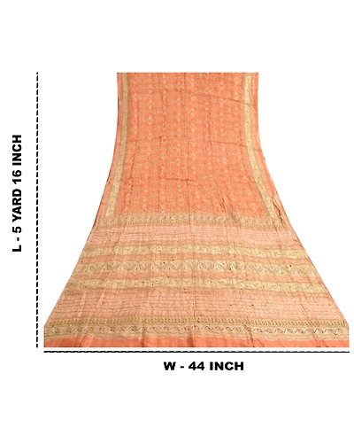 Sanskriti Vintage Peach Indian Sarees Pure Silk Hand Beaded Sari Craft Fabric, PS-60063-Peach &amp; Cream-Thread Work-Pure Silk-1