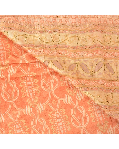 Sanskriti Vintage Peach Indian Sarees Pure Silk Hand Beaded Sari Craft Fabric, PS-60063-Peach &amp; Cream-Thread Work-Pure Silk-2