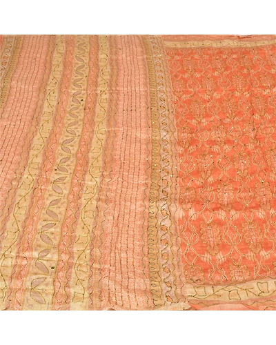 Sanskriti Vintage Peach Indian Sarees Pure Silk Hand Beaded Sari Craft Fabric, PS-60063-Peach &amp; Cream-Thread Work-Pure Silk-3