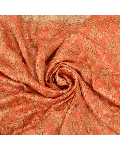 Sanskriti Vintage Peach Indian Sarees Pure Silk Hand Beaded Sari Craft Fabric, PS-60063-Peach &amp; Cream-Thread Work-Pure Silk-6