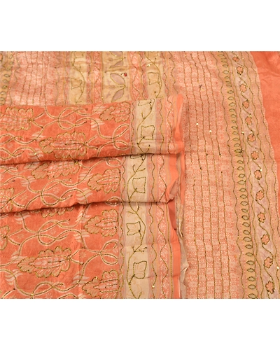Sanskriti Vintage Peach Indian Sarees Pure Silk Hand Beaded Sari Craft Fabric, PS-60063-Peach &amp; Cream-Thread Work-Pure Silk-7