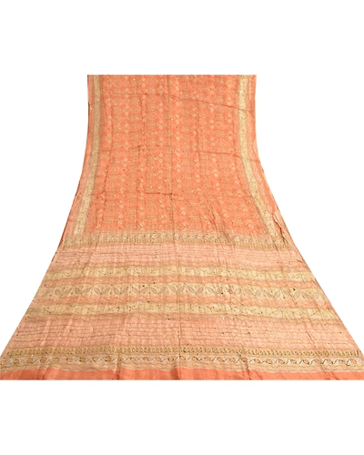 Sanskriti Vintage Peach Indian Sarees Pure Silk Hand Beaded Sari Craft Fabric, PS-60063-Peach &amp; Cream-Thread Work-Pure Silk-8